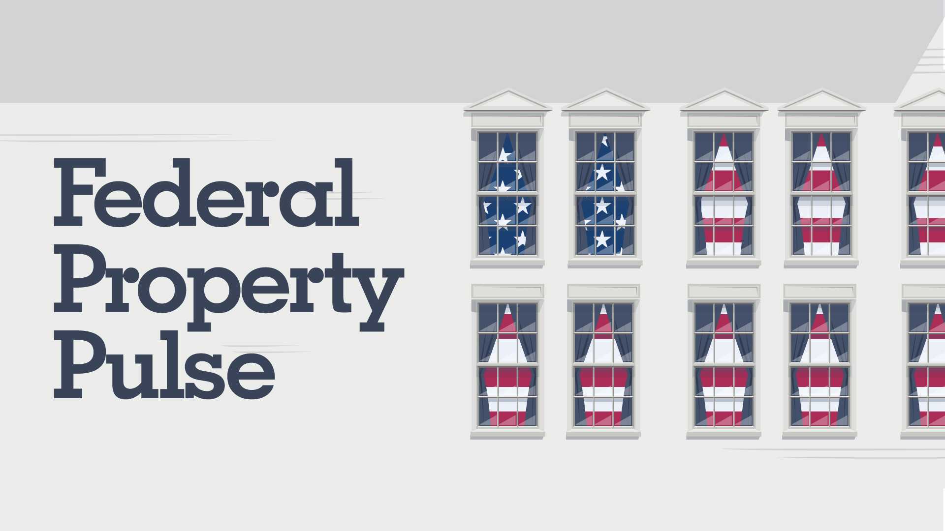 illustration of a government style building with a large american flag seen through the windows. The words